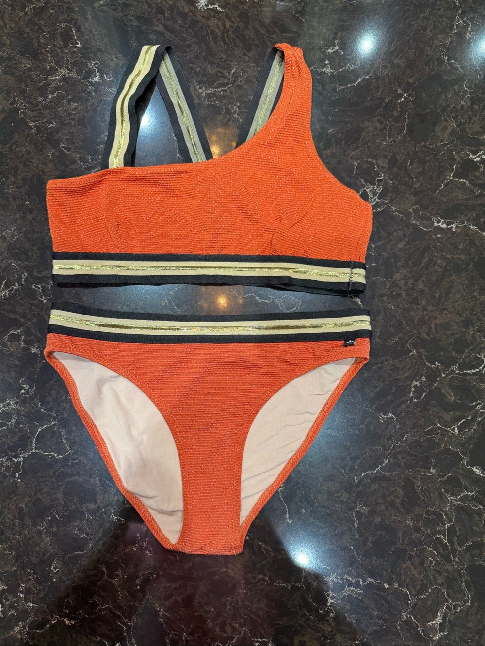 Molo Striped Elastic Waistband Bikini Bottom in Coral and Black